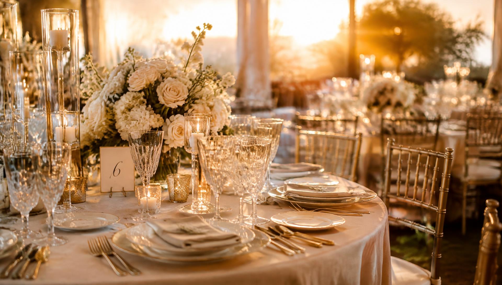 Table de mariage dressée au coucher du soleil